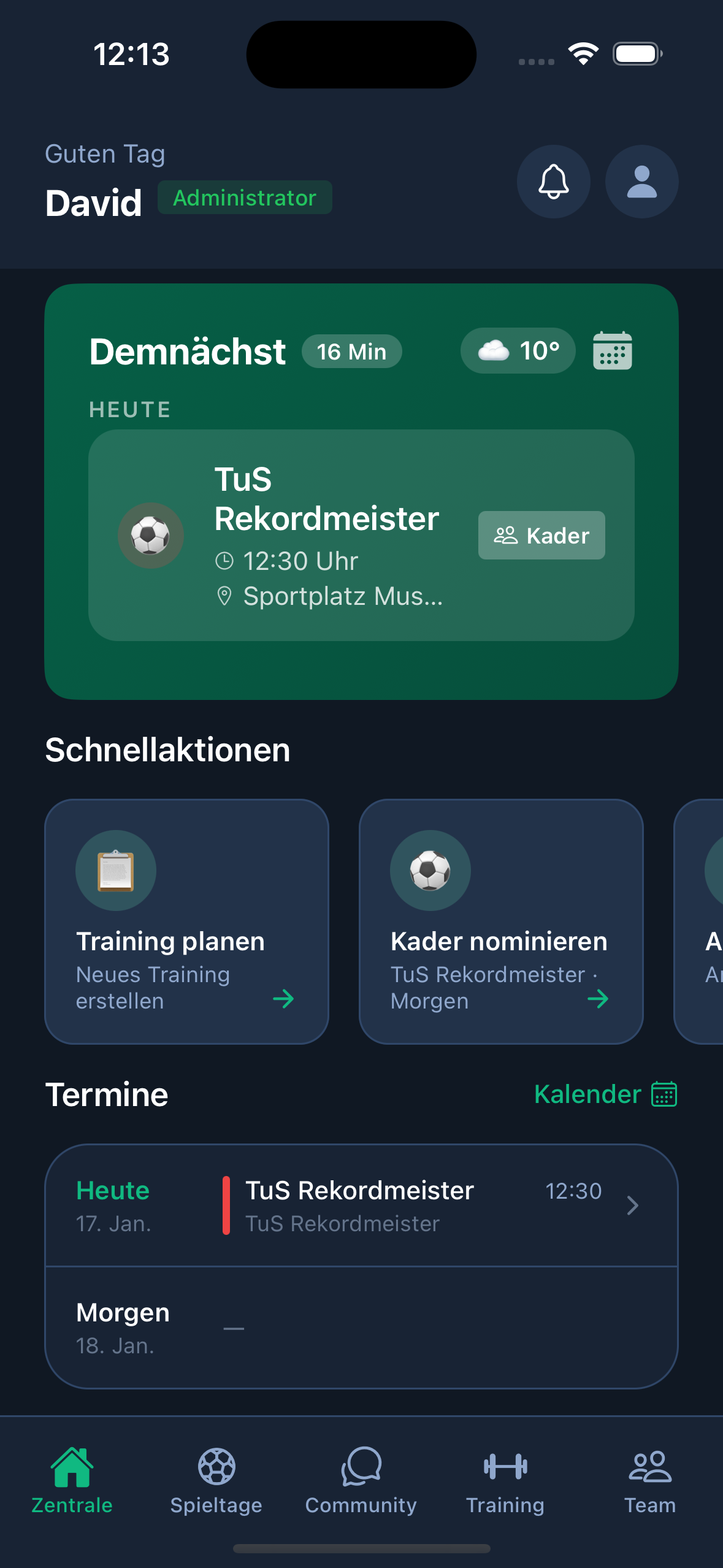 FussballFeld App – Zentrale Übersicht